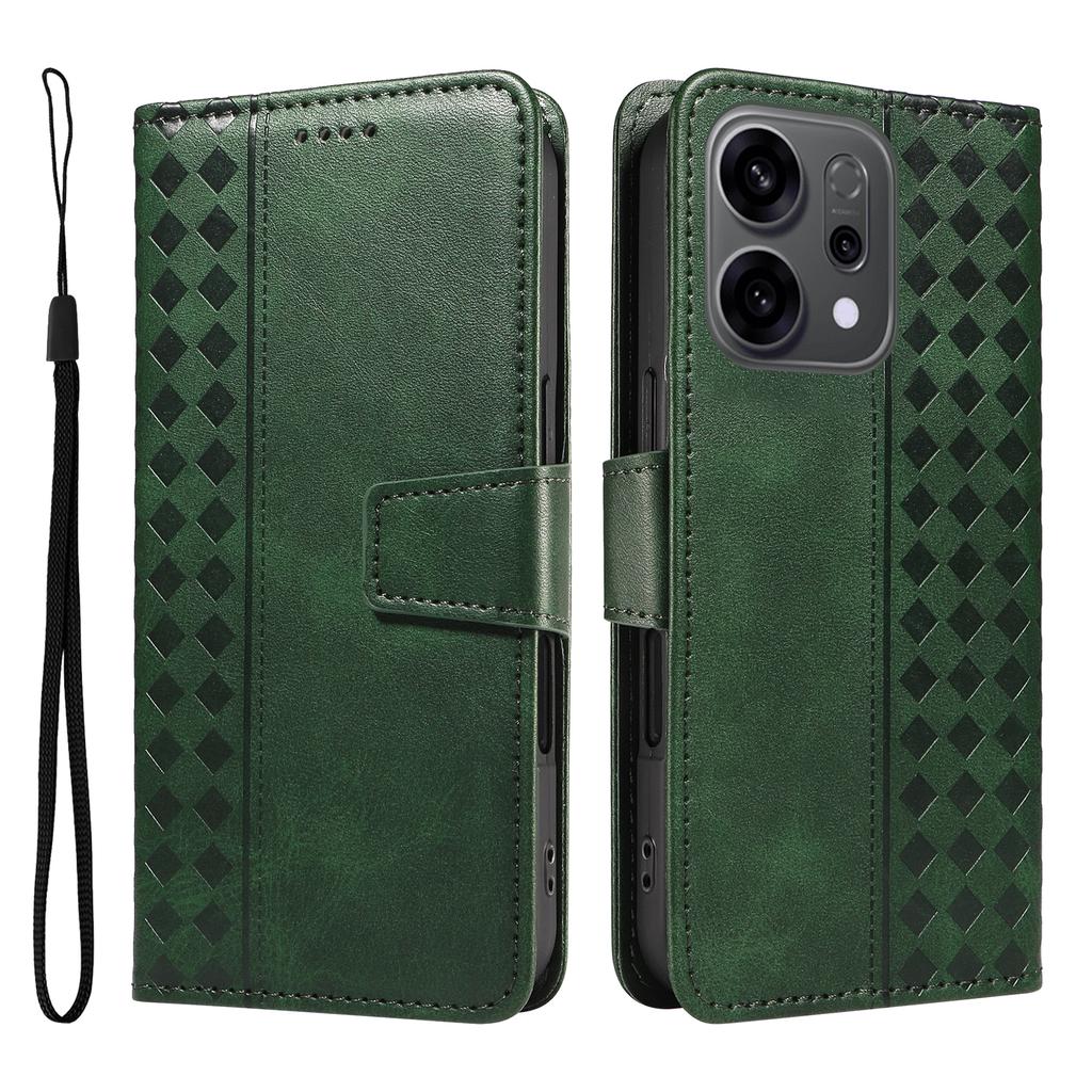 For Oppo Reno14 5G (China)/Oppo Reno14 F 5G/Oppo Reno14 5G (Global) Leather Case Wallet Stand Grids Imprinted Phone Cover with Strap