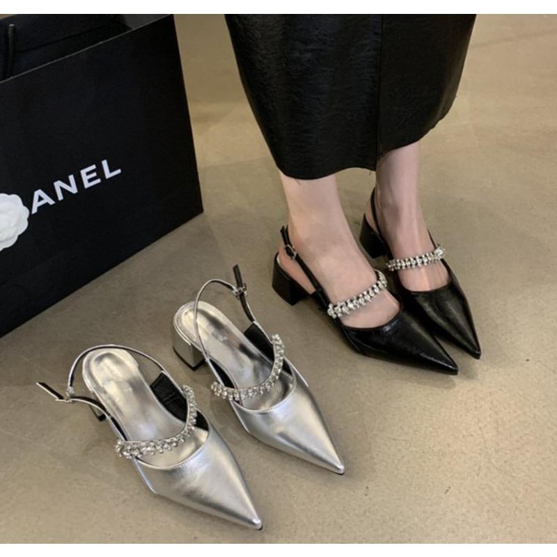 Mode Neue Damen Silberner Fersenverschluss Sandalen Famele High-Heel Strass Mary Jane Schuhe Damen Slingback Temperament Goldene Pumps