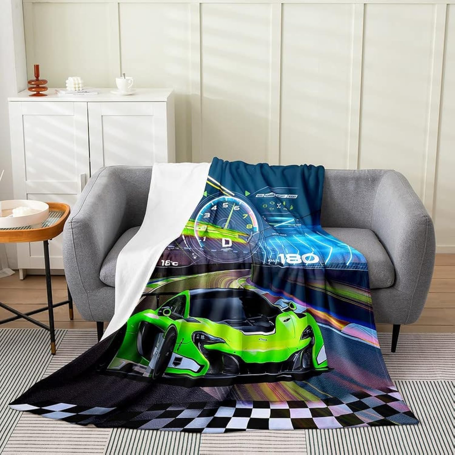 

AllSeason Sports Car Bed Blanket Flannel Fleece Throw Microfiber Green Plush Twin Size x for Boys Girls Room Decor 40x50in