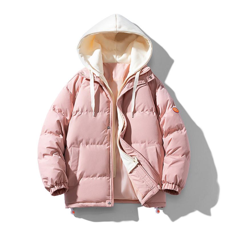 Hong Kong Style Loose Large Size Fake Two Hooded Jackets Thickened Winter Couple Cotton Clothes