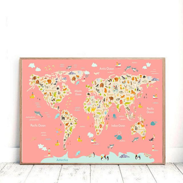 Mappa del mondo dei cartoni animati Pittura su tela Decorazioni per la camera dei bambini Poster e stampe Decorazioni per l'aula Immagini di arte della parete Decorazioni per la casa