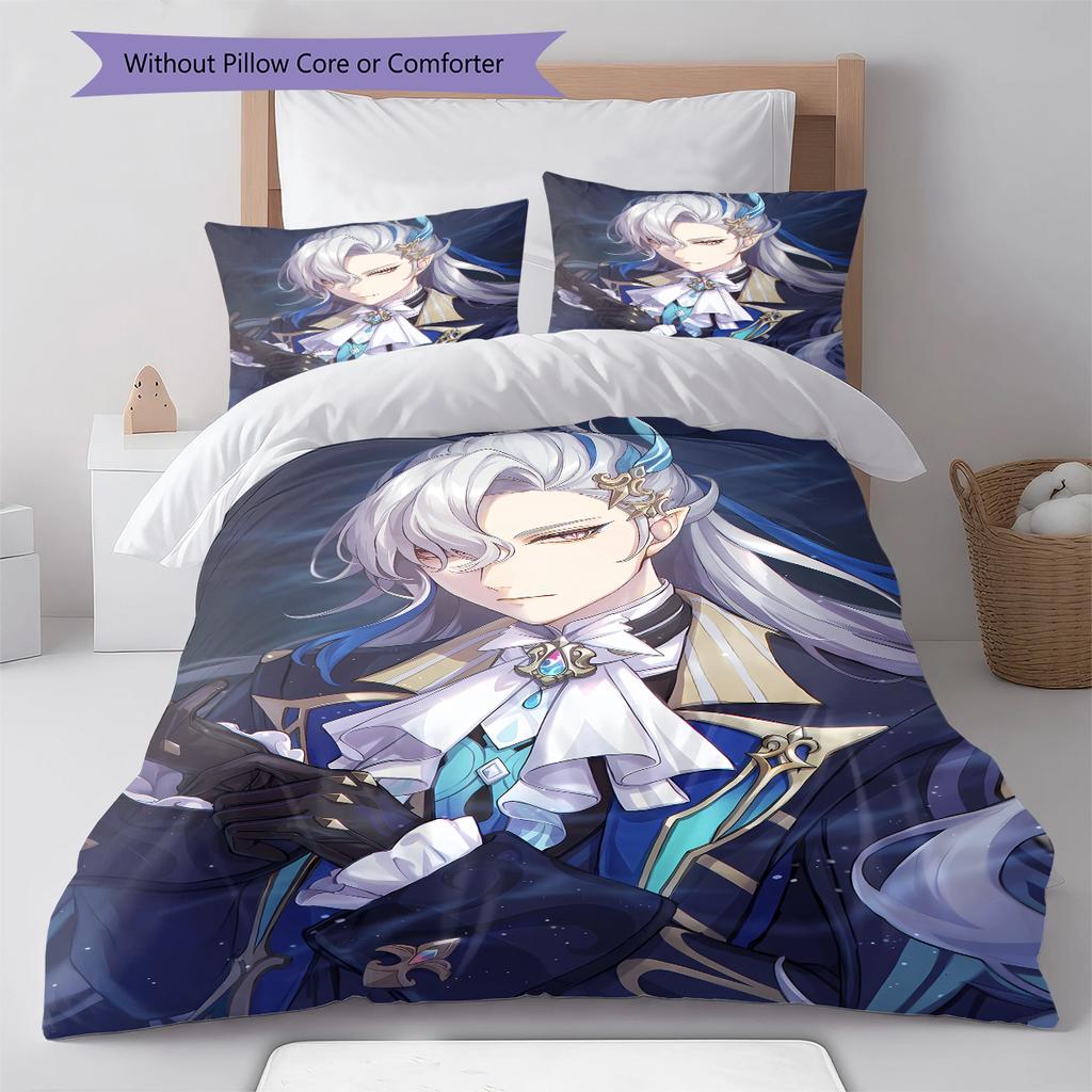 Ropa de Cama con Patrón de Genshin, Juego de Colcha Funda de Colcha Funda de Almohada Regalo de Cumpleaños para el Hogar (1 * funda nórdica + 2 * fundas de almohada, sin núcleo)