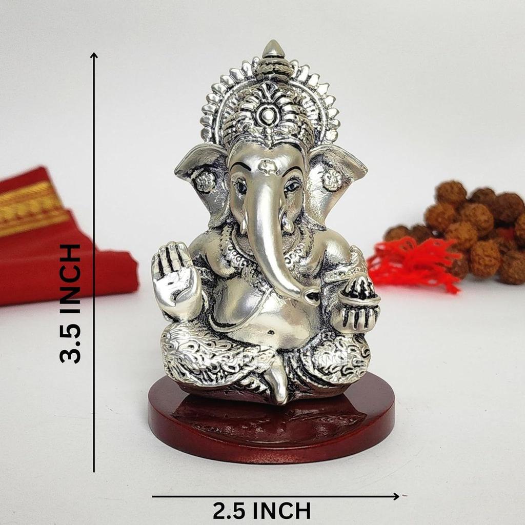 Ganpati Idol with Silver Antique Finish | Ganesha murti for Home Decor | Ganesh Statue for Car Dashboard | Ganpati ji murti for Puja