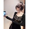 Elegant Square Collar Lace Splicing Black Bottoming Shirt Women Waist Unique Top