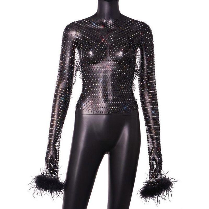 INS Style 2024 European and American Unique and Elegant New Arrival Rhinestone Mesh Cut Out Long Sleeves Women's Solid Color T-shirt Top
