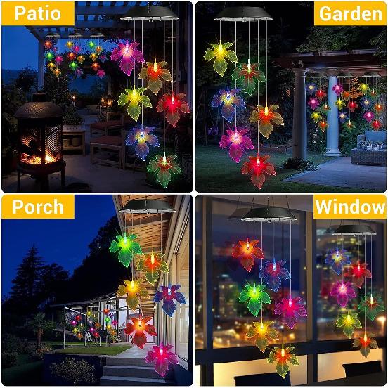 Solar Wind Chimes, Color Changing Solar Maple Leaf Wind Chimes, LED Mobile Wind Chimes, Waterproof Outdoor Wind Chime Lights for Garden, Patio,