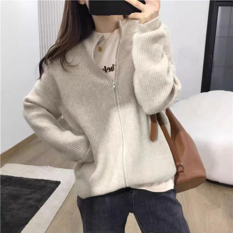 Autumn and Winter New Loose Stand-up Neck Sweater Jacket Women Wear Lazy Style Solid Color Zipper Knitted Cardigan Top