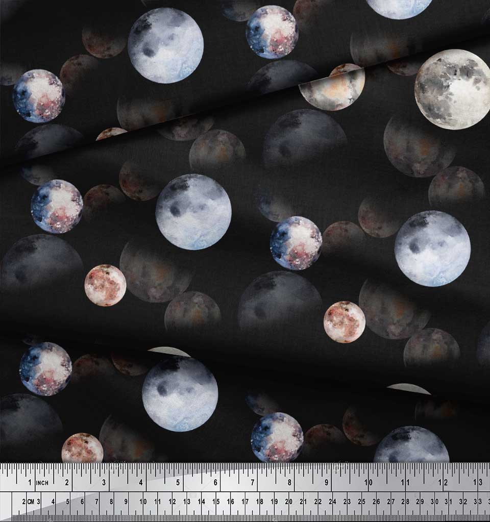 Soimoi Black Poly Crepe Fabric Planet Galaxy Decor Fabric Printed Metre 42 Inch