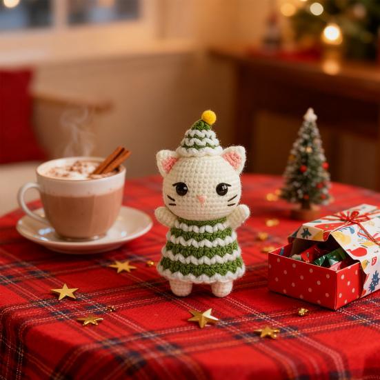Christmas Crochet Cat Doll Patchwork Color Handcrafted Green Cream Yarns Cat Ornament Xmas Tree Decoration