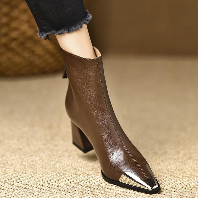Dámské kotníkové boty na vysokém podpatku se špičatou špičkou, nové kožené robustní sněhule, módní podzimní zimní boty