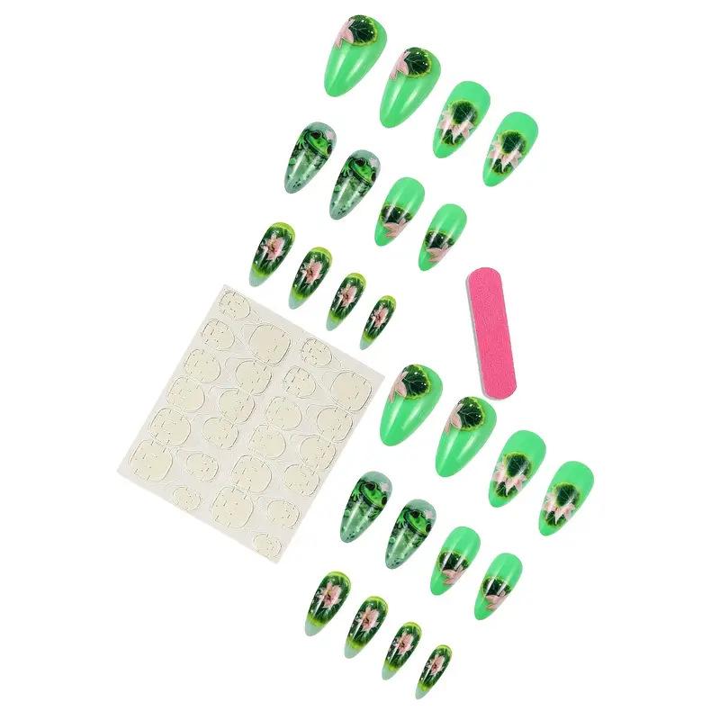 24-teilige Little Frog Lotusblatt-Muster Mode Tragbare Nägel - Abnehmbar und Trendy Europäischer & Amerikanischer Stil