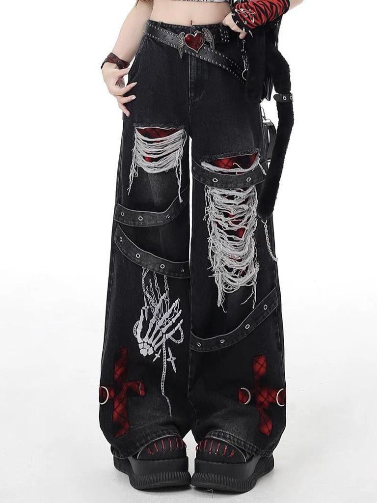 Dámské roztrhané džíny v punkovém stylu, Jaro/Léto 2026, Retro sešlapané vyprané široké kalhoty