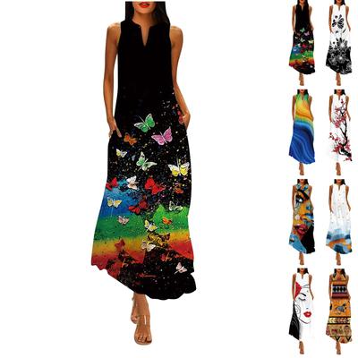 Women's Fashion Casual Retro Print V Neck Multicolor Long Sexy Sleeveless Dress