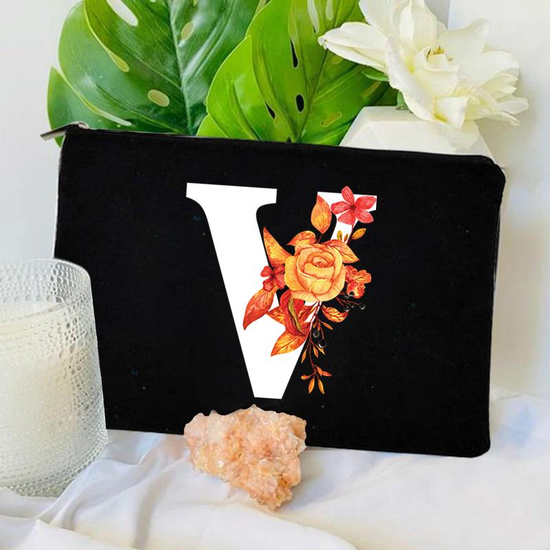26 Floral Alphabet A-Z Makeup Bag Purse Party Lipstick Cosmetic Bags Fashion Letters Women's Outdoor Travel Toiletry Pouchs