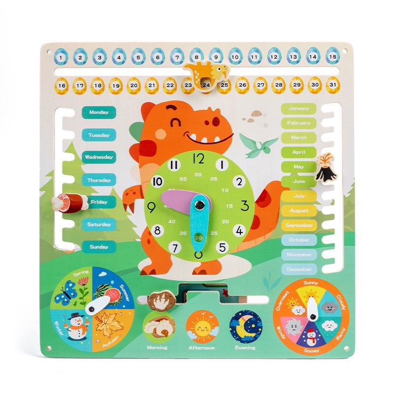 Dinosaur Theme Wooden Cognitive Calendar Clock for Early Education