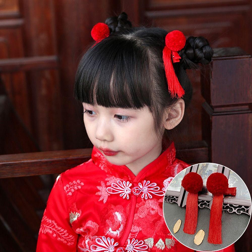 Year Tassel Red Flower Chinese Hanfu Hair Clips Festival Hairpins Children Barrettes Duckbill Clips