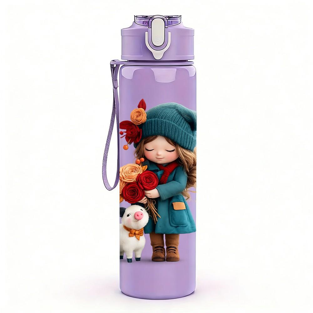 1PC Little Red Hood Girl With Dog Print 750ml Color Plastic Sports Water Bottle Leakproof Flip Straw Lid Suitable for Sports Office Home Use