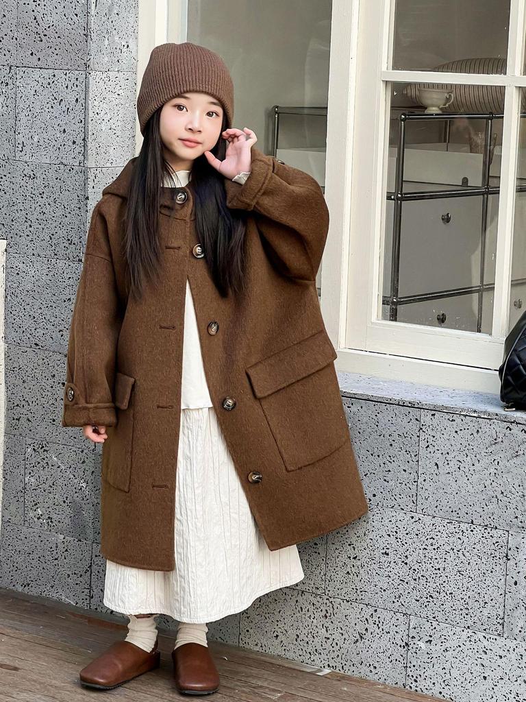 Korean Style Girls' Double-Sided Cashmere Coat - Medium & Large Children's Mid-Length Outerwear for Autumn & Winter