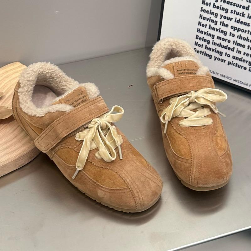 Fashion Winter New Flat Cotton Shoes Women's Fashion Round Head Splicing Suede Front Lacing Soft Sole Anti-slip Low-top Shoes