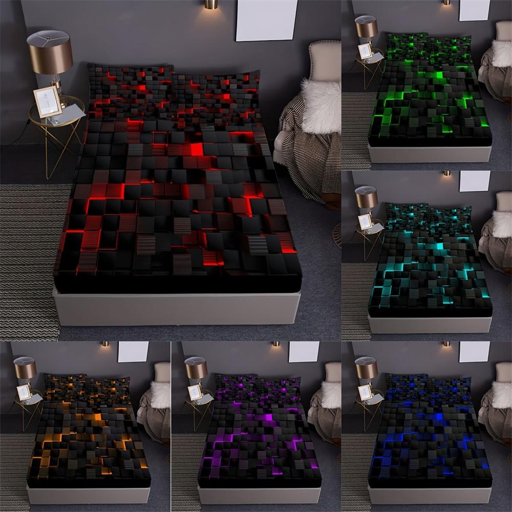 Red Grid 3D Visual Geometry Art Print Fitted Sheet Set Mattress Covers Soft Breathable Bedding Set With Deep Pocket for Bedroom