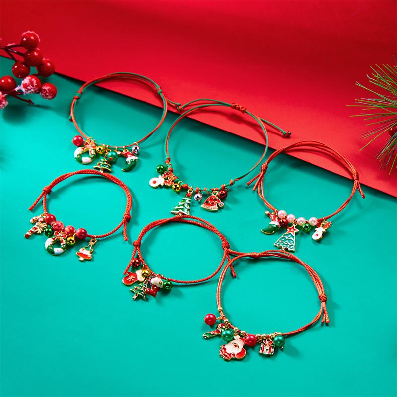 Fashion Simple Handwoven Braided Christmas Bracelets for Women Enamel Metal Xmas Tree Santa Claus Adjustable Bracelet Jewelry