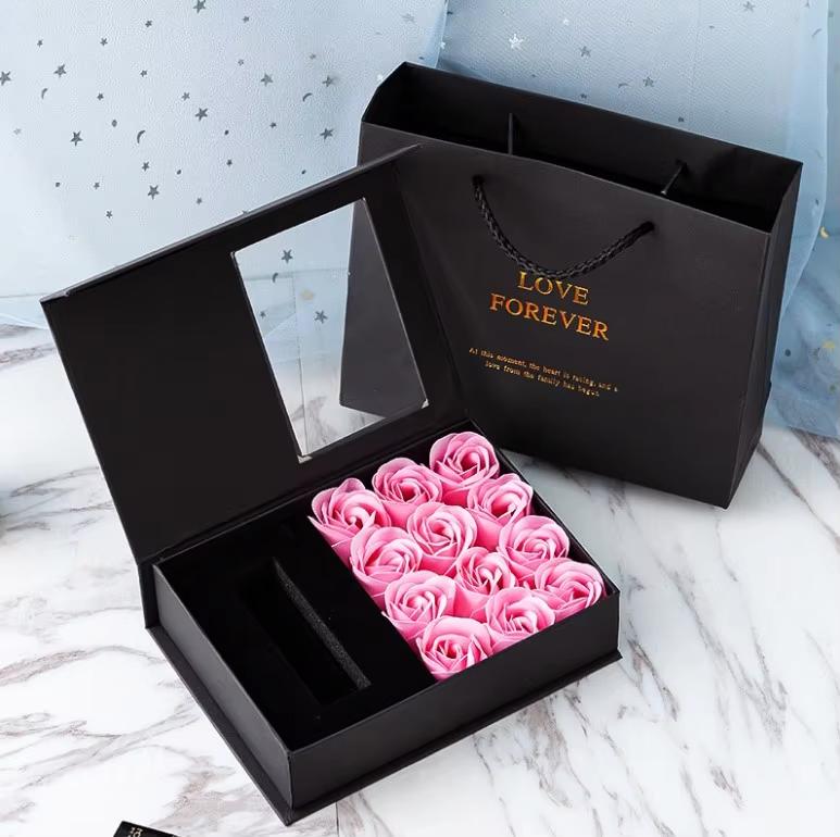 Jewelry Gift Box with Lids, Preserved Rose Jewelry Set Gift Box, Velvet Romantic Valentines Packaging Box with 12 Roses for Valentines Day Mothers Day