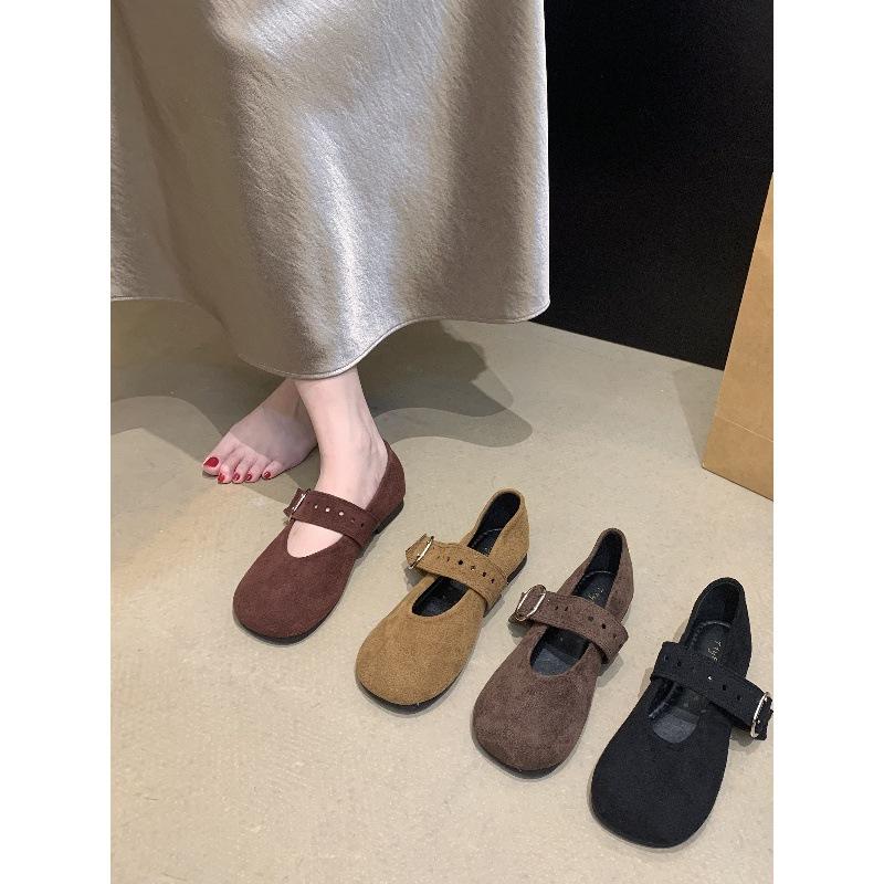 Korean version of round head suede one-word strap single shoes women's 2025 new autumn covered ancient leopard print velvet Mary Jane small le