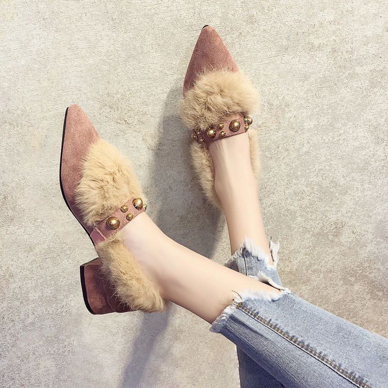 Gentle daily evening wind outside wear a pedal pointed single shoes Mao Mao shoes night thick heel