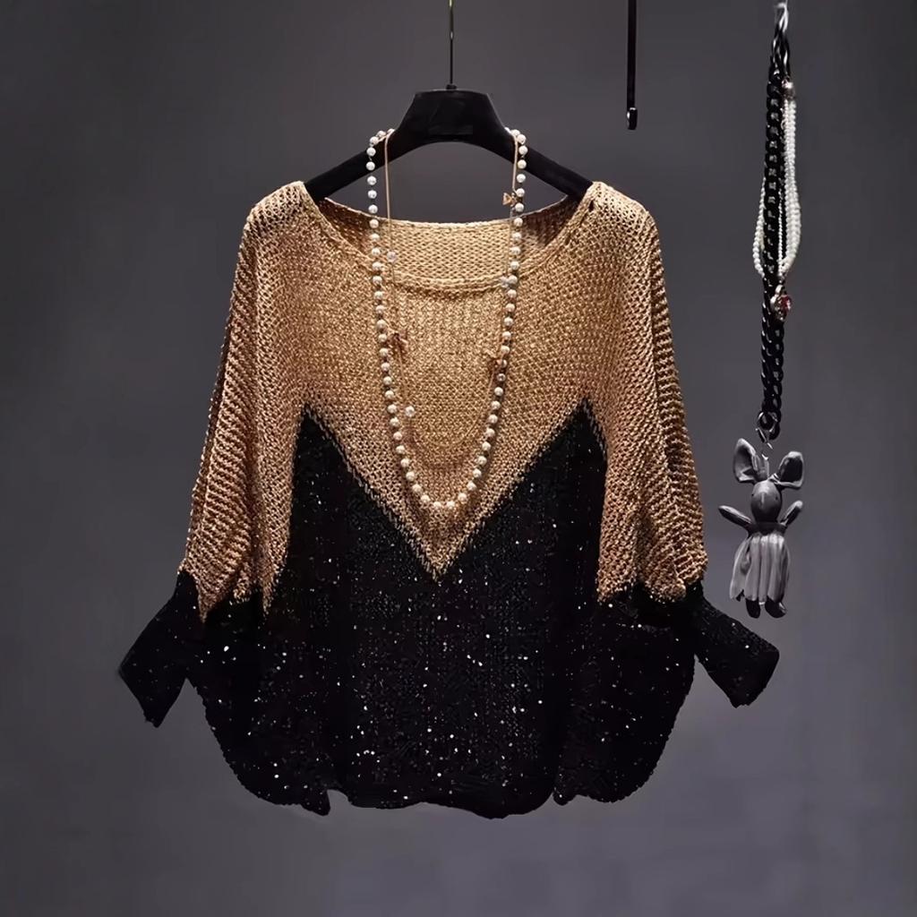 Fall Winter New Women's Colorblock Sequined Knit Sweater Loose Hip-Covering Casual Bottoming Top