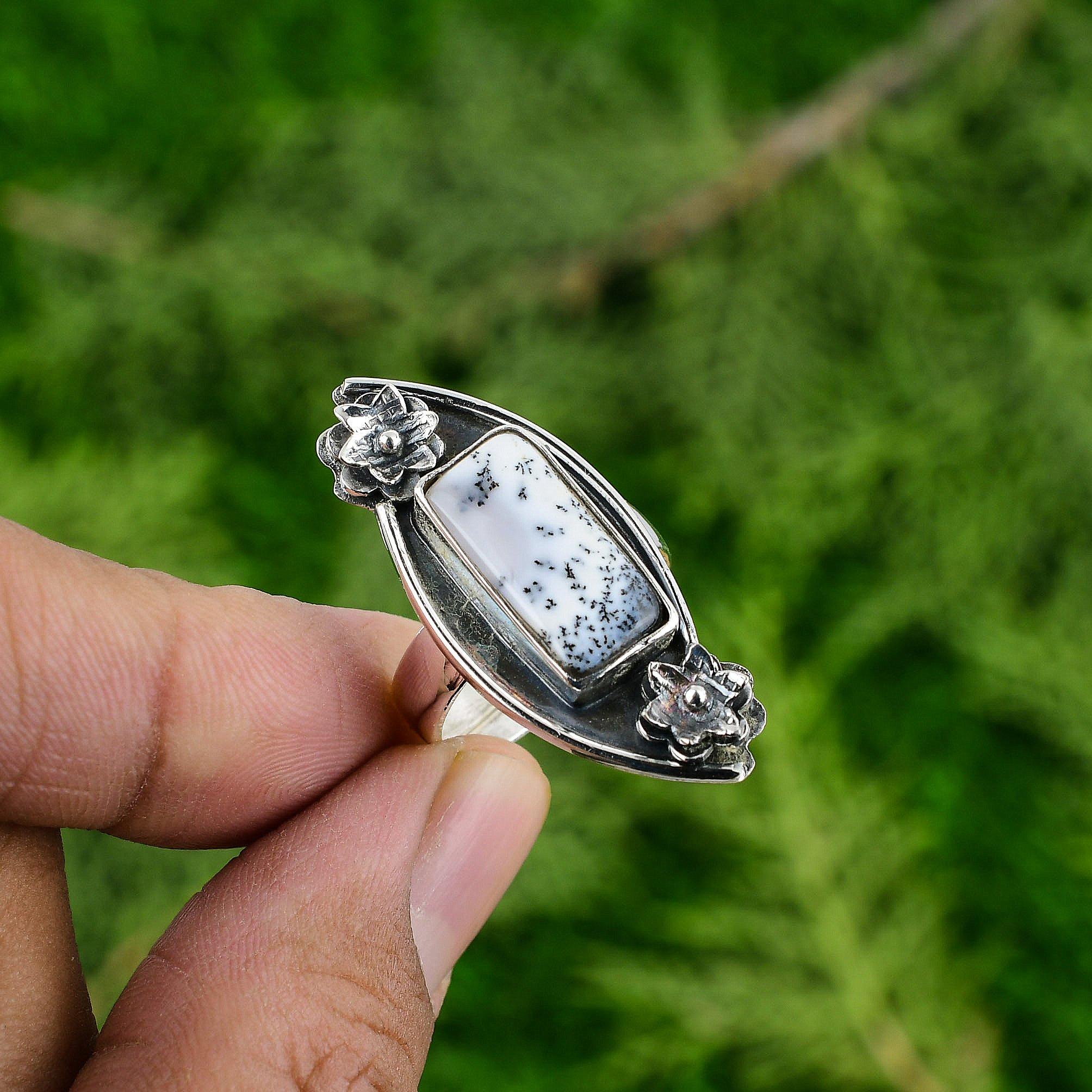 

Пасхальная распродажа Натуральный дендритовый опал Кольцо-заявление Сестра Безель Цветок Серебро 925 пробы Adjustable