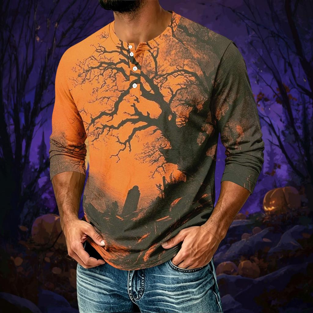 Men's Casual Halloween Print Raglan Three-Quarter Sleeve Shirt