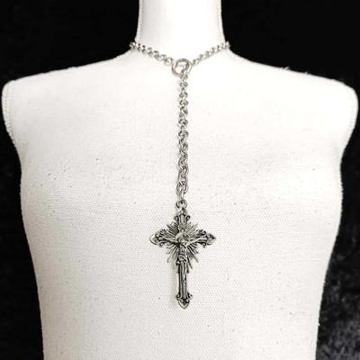 Gothic Silver Color Cross Pendant Necklace Y Chain O Ring Sliding Chain Choker for Women Men Vintage Religious Catholic Jewelry
