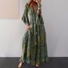 Women Maxi Dress V-neck Colorful Print Horn Sleeve High Waist Loose Hem Dress-up Patchwork Plus Size Bohemian Lady Beach Dress Female Clothes