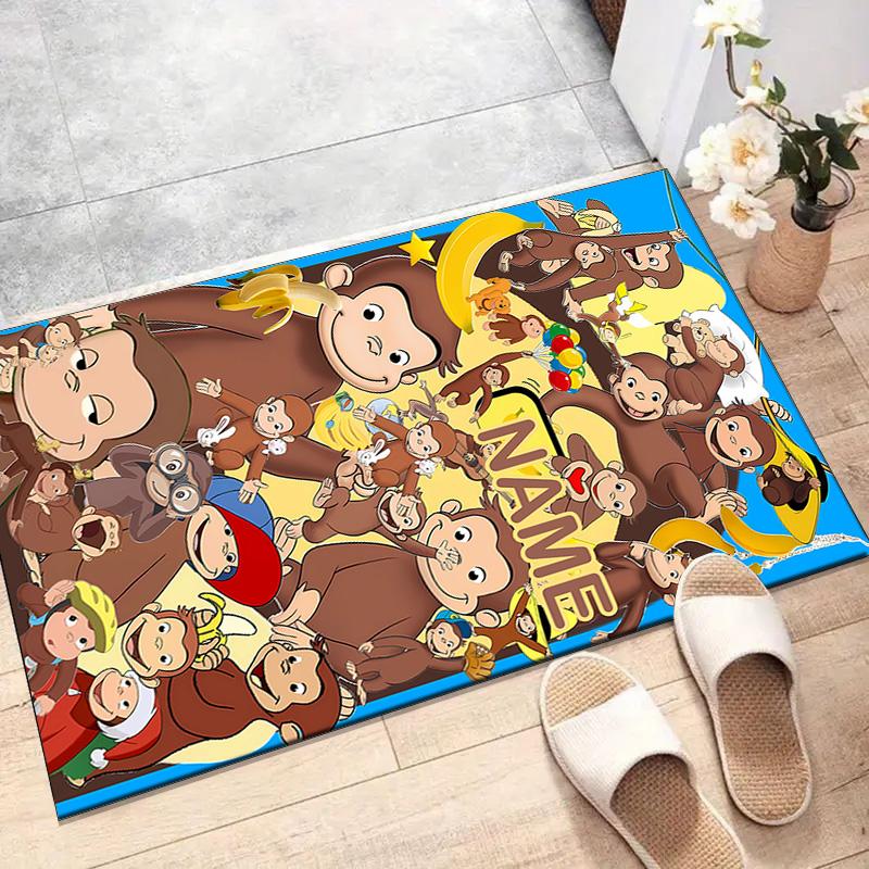 Custom Curious George Mat Personalized Name, Polyester Washable Indoor Entryway Rug, Gift for Christmas, Easter, Thanksgiving Day