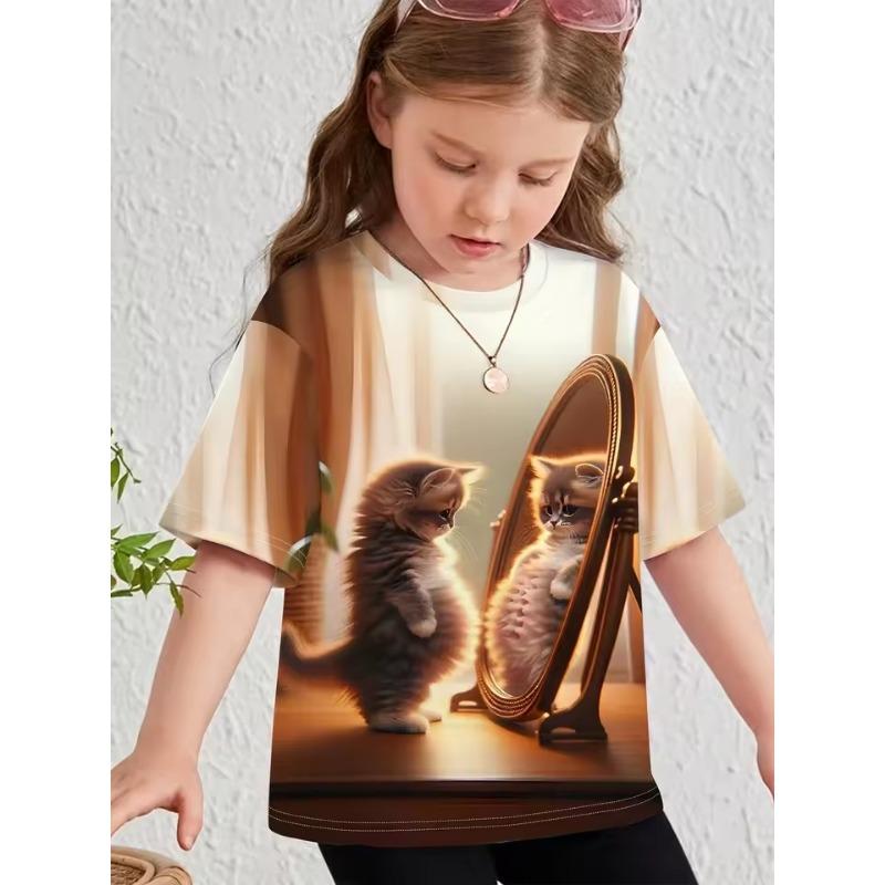 

Детская одежда Одежда для девочек Футболка для девочки с коротким рукавом Мультяшные животные 3D принт Повседневная с круглым вырезом Топ футболка для девочки Детская летняя одежда 170