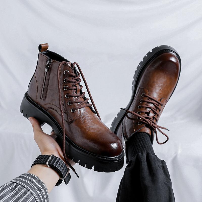 Fashion High-quality Leather Fashion Brand Outdoors Men's Glossy Comfortable Thick Soled Chelsea Retro Casual Side Zipper Lace Up Boots