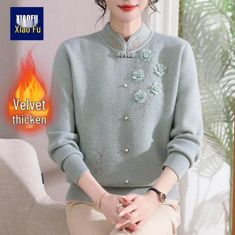 New Chinese Style Fleece-Lined Winter Sweater for Middle-Aged Women