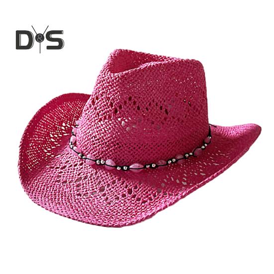 Summer Straw Hat Hollow Out Foldable Adjustable Bead Decor Curled Edge Windproof Strap Western Cowboy Style Solid Color Outdoor Cap