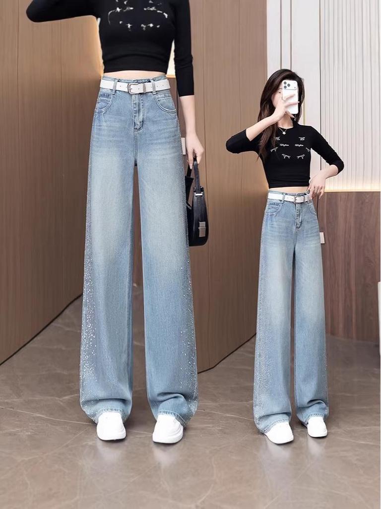 Women's Spring 2026 High-Waisted Loose Wide-Leg Jeans with Side Rhinestones