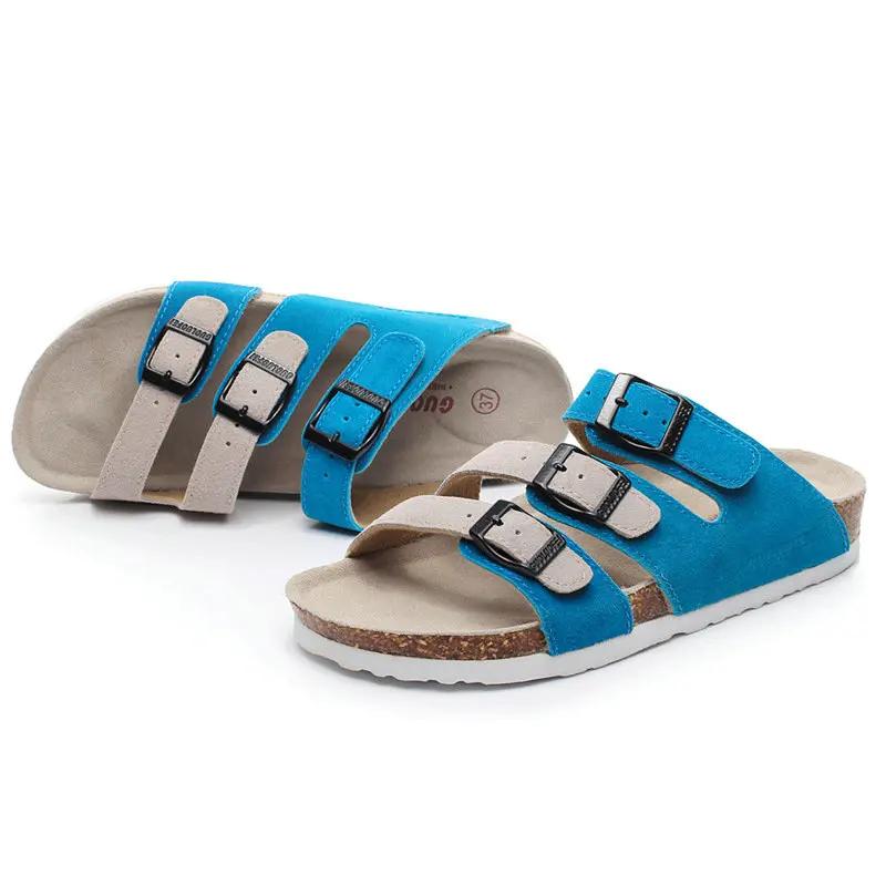 Fashion Cowhide Cork Slippers Women Summer Fashionable Beach Cork Sandals Couple Slippers Sandals Casual Flip Flops Flats Shoes