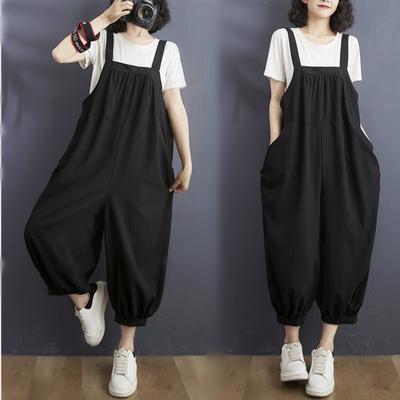 Summer Art Casual Overalls Large Size Women's Loose Large Pocket Hanging Crotch Casual Nine Points Haren Pants Temperament Slimming