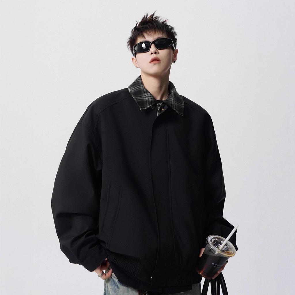 Men's Plaid Patchwork Casual Jacket - American Style Two-Piece Design for Spring and Autumn