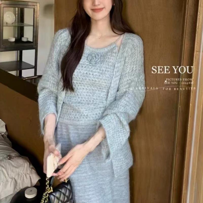 

Комплект вязаного кардигана и майки с 3D-цветком - Уютный осенне-зимний стиль с длинным рукавом One Size (fits 80-125 kg) серый