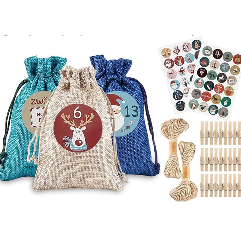 24Pcs/Set Christmas Gift Bags Christmas Advent Calendar Bag Candy Storage Pouch Diy Christmas Multi-Purpose Decoration