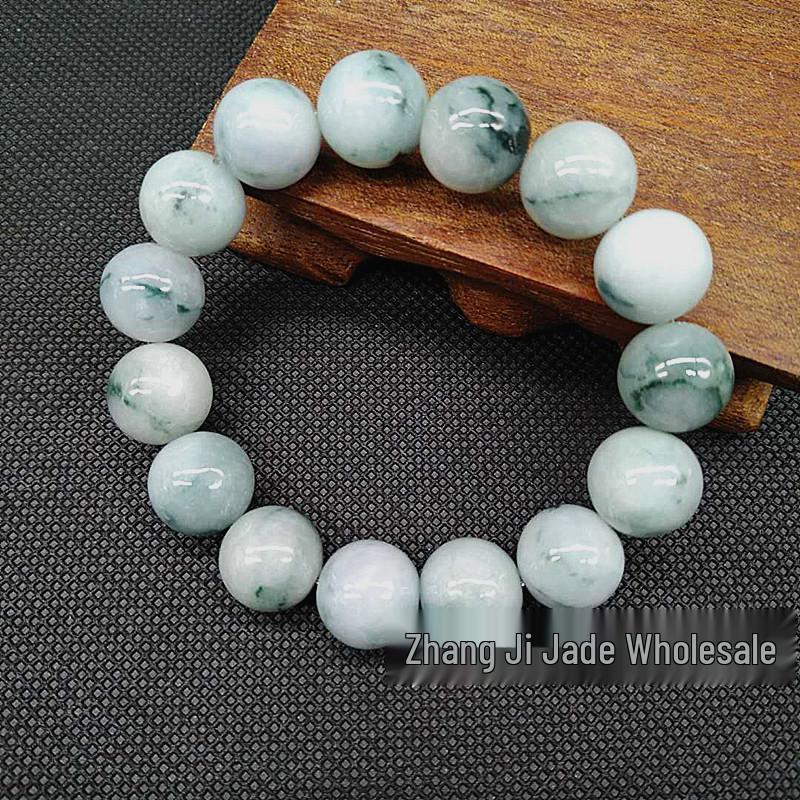 14mm Natural Burmese Jade Bracelet with Floating Flower Beads - Buddhist Gift Handmade