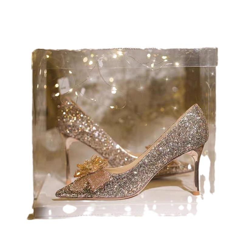 Large size French high heels heroine wedding banquet rhinestone bow wedding shoes temperament pointed sequins single shoes