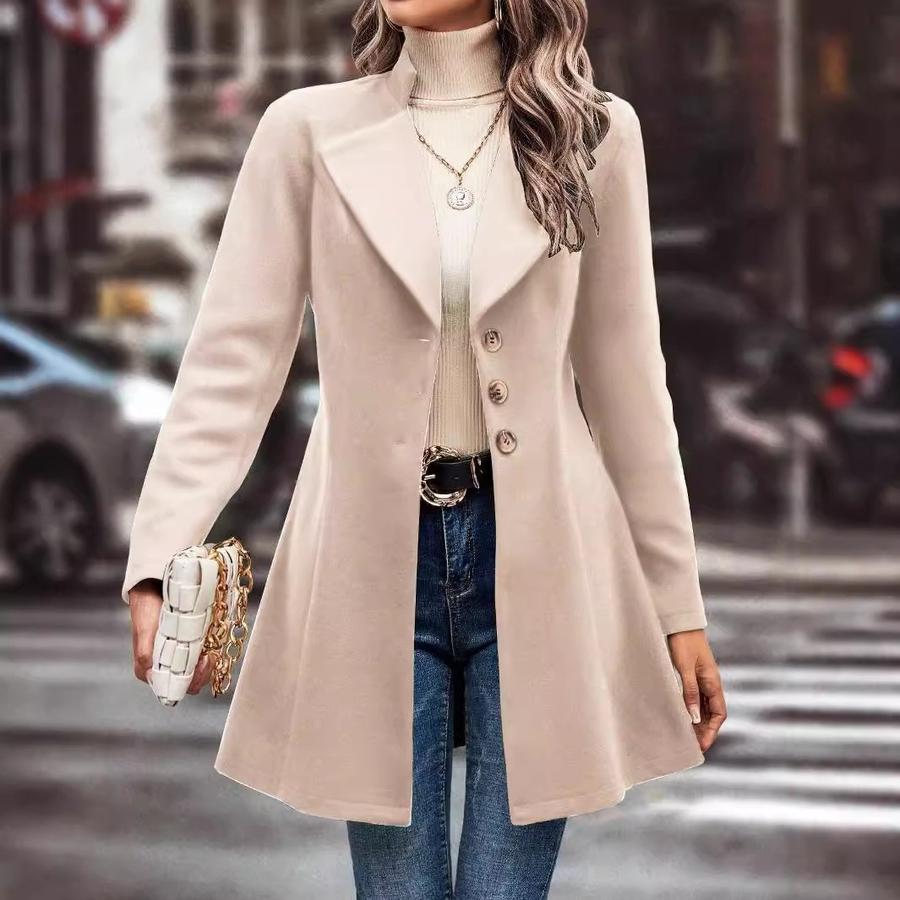 Abrigo de Lana Mezclada para Mujer, Estilo Nuevo Otoño Invierno, Cuello Alto, Corte Ajustado, Color Sólido, Moda, Temperamento