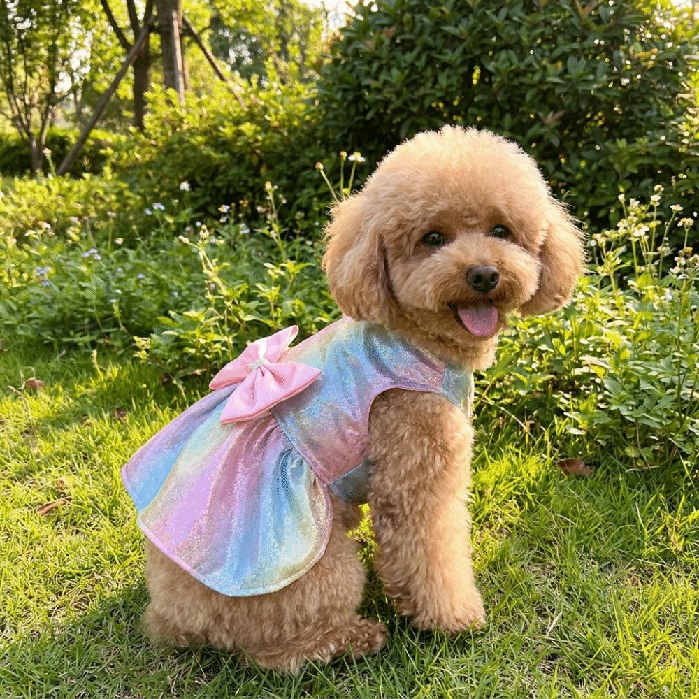 Pet Apparel Thin Breathable Dog Rainbow Skirt Bow Design Soft Pet Cloak Skirt Sleeveless Princess Dress Spring Summer