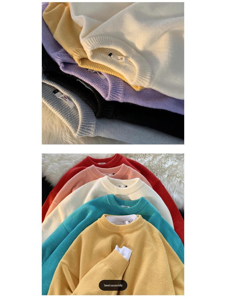 Men's Solid Color Loose Wool Sweater - Autumn/Winter Hong Kong Style, Crew Neck, Casual Versatile Knit.