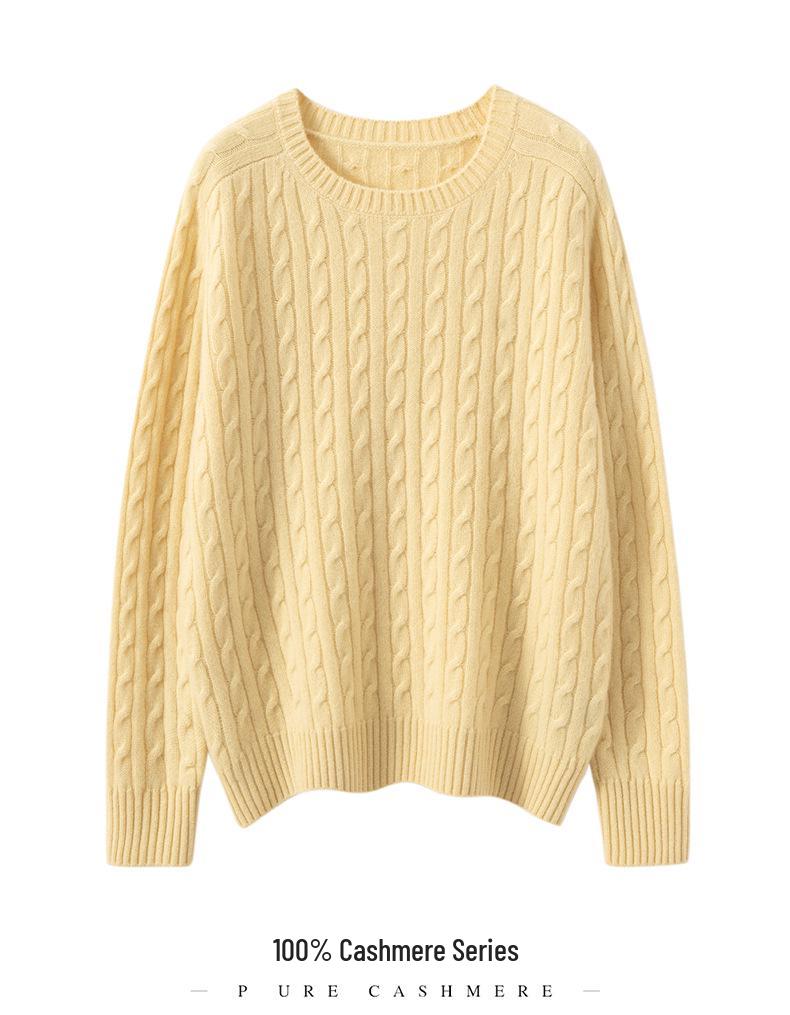 Women's Pure Cashmere Cable Knit Sweater: Thickened, Round Neck, Loose Fit, Slimming Knitwear for Autumn and Winter.